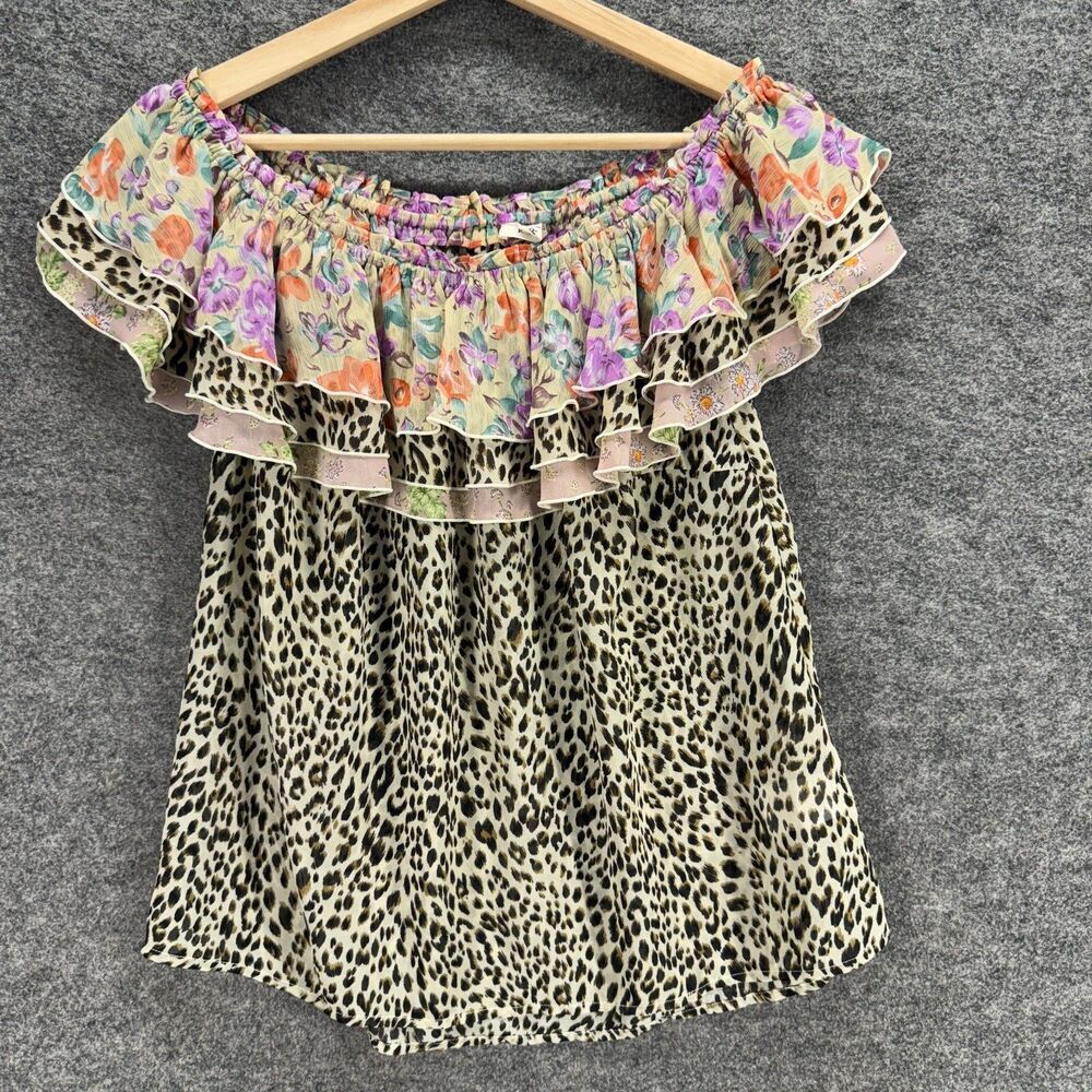 Kori Blouse Women M Medium Black Animal Print Short Sleeve Round Neck Casual